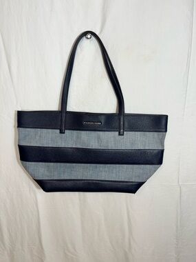 Michael Kors Navy Pebbled Leather & Denim Striped Tote Bag Large Shoulder purse